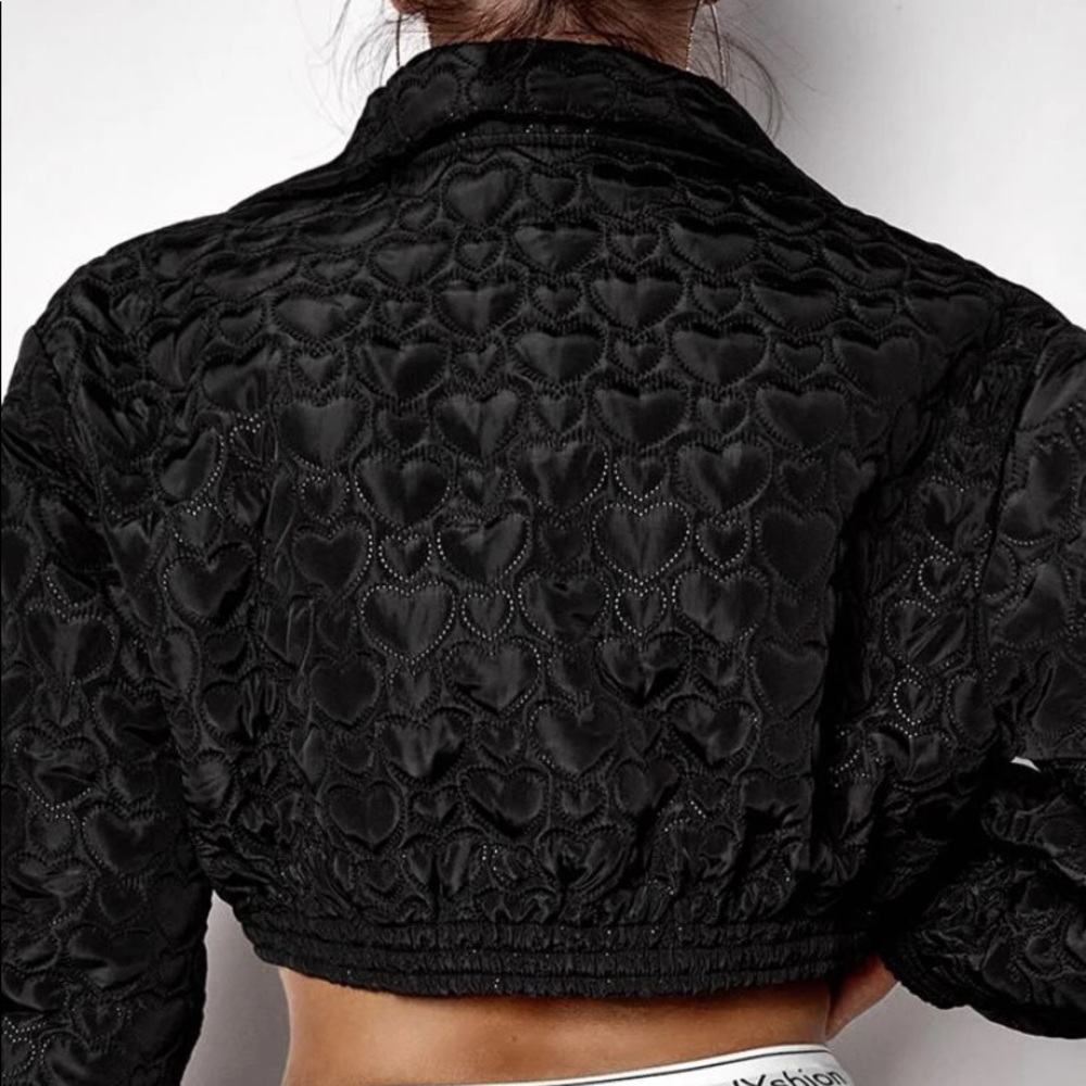Black Heart Quilted Cropped Crop Bomber Zip Front Jacket Coat - Picture 5 of 9